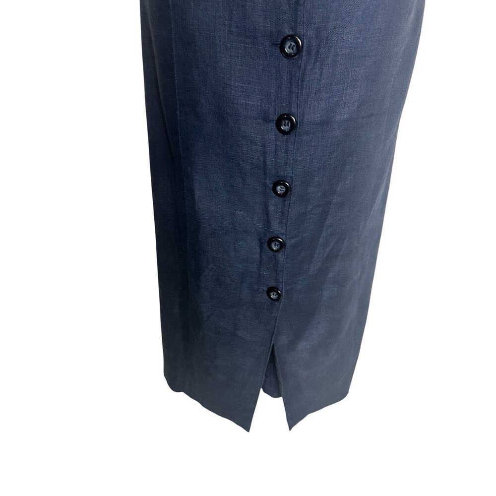 Vtg 90s Navy Blue 100% Linen Maxi Dress Button Front Open Back Resort Coastal 14 - Picture 7 of 15